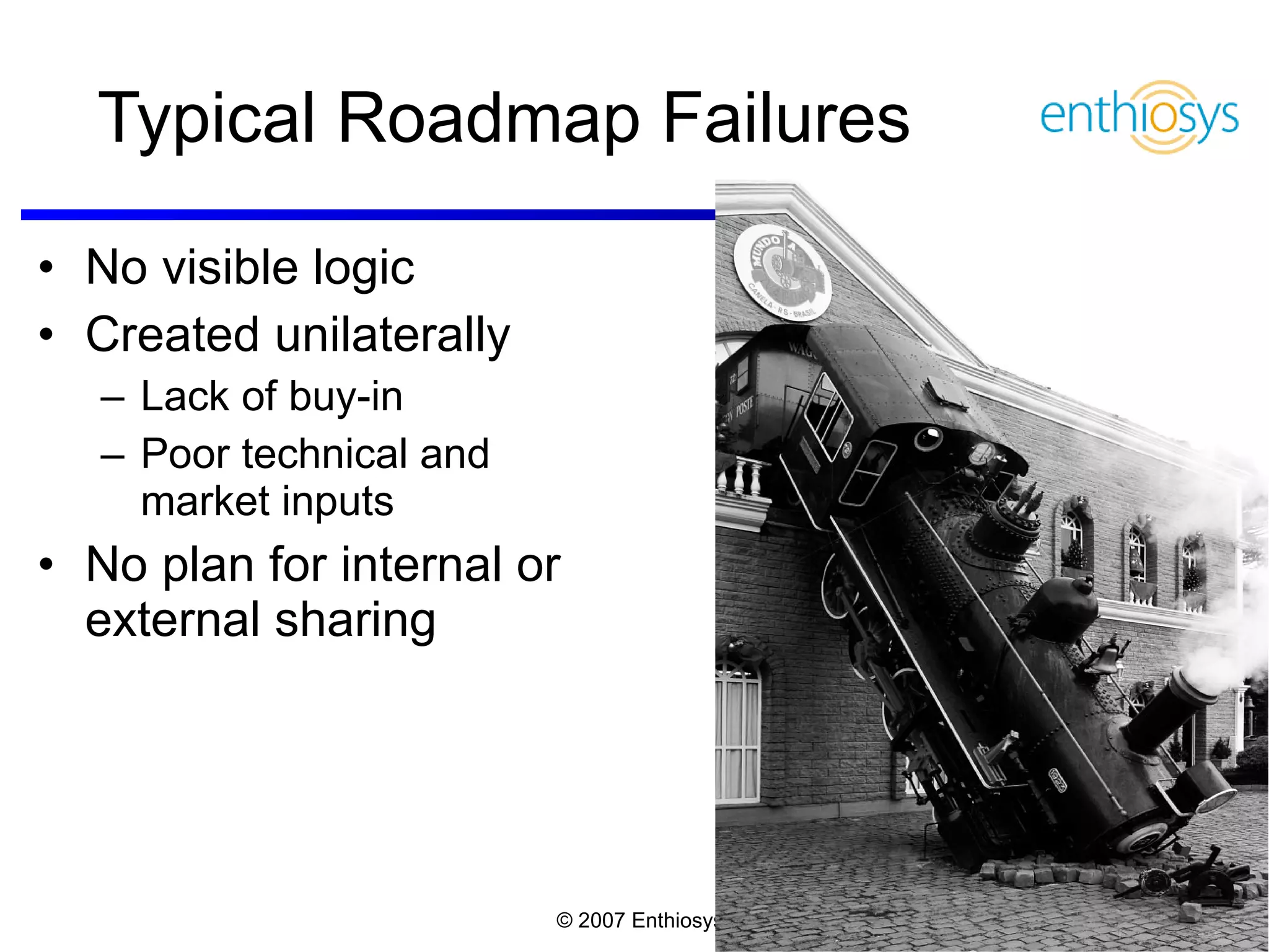 Typical Roadmap Failures No visible logic Created unilaterally Lack of buy-in Poor technical and market inputs No plan for internal or external sharing 