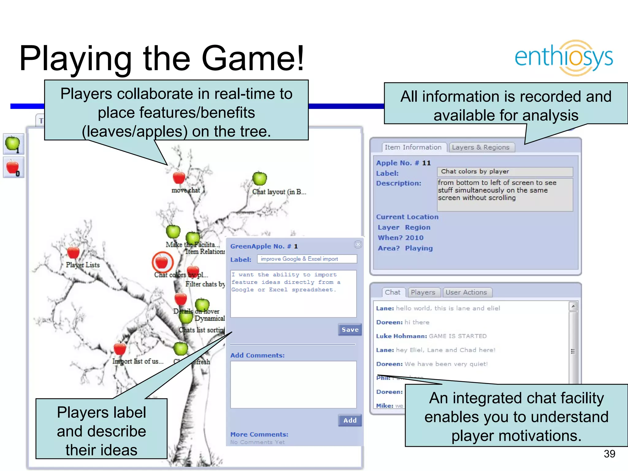Playing the Game! Players collaborate in real-time to place features/benefits (leaves/apples) on the tree. An integrated chat facility enables you to understand player motivations. Players label and describe their ideas All information is recorded and available for analysis 