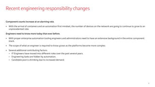 Recent engineering responsibility changes
Component counts increase at an alarming rate.
• With the arrival of containers and an automation first mindset, the number of devices on the network are going to continue to grow to an
unprecedented rate.
Engineers need to know more today than ever before.
• With proper enterprise automation tooling engineers and administrators need to have an extensive background in the entire component
stack.
• The scope of what an engineer is required to know grows as the platforms become more complex.
• Several additional contributing factors.
– IT Engineers have moved into different roles over the past several years.
– Engineering tasks are hidden by automation.
– Candidate pool is shrinking due to increased demand.
5
 