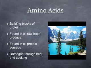 Amino Acids
Building blocks of
protein

Found in all raw fresh
produce

Found in all protein
sources

Damaged through heat
and cooking
 