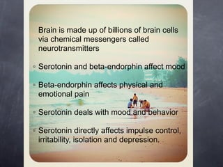 Brain is made up of billions of brain cells
 via chemical messengers called
 neurotransmitters

◦ Serotonin and beta-endorphin affect mood

◦ Beta-endorphin affects physical and
  emotional pain

◦ Serotonin deals with mood and behavior

◦ Serotonin directly affects impulse control,
  irritability, isolation and depression.
 