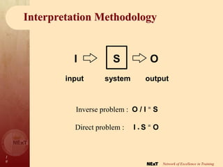 1
0
Network of Excellence in Training
I S O
input system output
Inverse problem : O / I = S
Direct problem : I * S = O
Interpretation Methodology
 