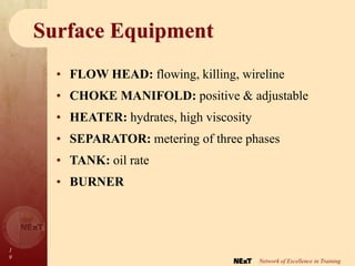 1
9
Network of Excellence in Training
Surface Equipment
• FLOW HEAD: flowing, killing, wireline
• CHOKE MANIFOLD: positive & adjustable
• HEATER: hydrates, high viscosity
• SEPARATOR: metering of three phases
• TANK: oil rate
• BURNER
 