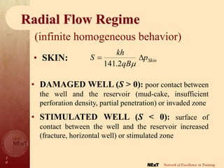 3
0
Network of Excellence in Training
Radial Flow Regime
(infinite homogeneous behavior)
Skin
p
qB
kh
S 


2
.
141
• SKIN:
• DAMAGED WELL (S > 0): poor contact between
the well and the reservoir (mud-cake, insufficient
perforation density, partial penetration) or invaded zone
• STIMULATED WELL (S < 0): surface of
contact between the well and the reservoir increased
(fracture, horizontal well) or stimulated zone
 