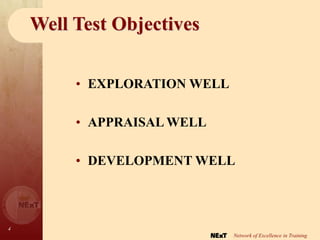 4
Network of Excellence in Training
Well Test Objectives
• EXPLORATION WELL
• APPRAISAL WELL
• DEVELOPMENT WELL
 