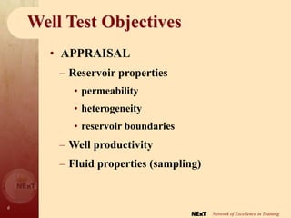 6
Network of Excellence in Training
Well Test Objectives
– Reservoir properties
• permeability
• heterogeneity
• reservoir boundaries
– Well productivity
– Fluid properties (sampling)
• APPRAISAL
 
