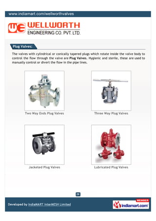 Plug Valves:

The valves with cylindrical or conically tapered plugs which rotate inside the valve body to
control the flow through the valve are Plug Valves. Hygienic and sterile, these are used to
manually control or divert the flow in the pipe lines.




        Two Way Ends Plug Valves                        Three Way Plug Valves




           Jacketed Plug Valves                         Lubricated Plug Valves
 