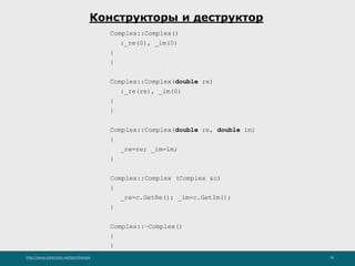 http://www.slideshare.net/IgorShkulipa 19
Конструкторы и деструктор
Complex::Complex()
:_re(0), _im(0)
{
}
Complex::Complex(double re)
:_re(re), _im(0)
{
}
Complex::Complex(double re, double im)
{
_re=re; _im=im;
}
Complex::Complex (Complex &c)
{
_re=c.GetRe(); _im=c.GetIm();
}
Complex::~Complex()
{
}
 