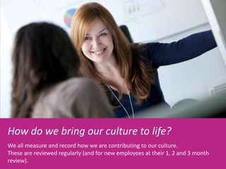 How do we bring our culture to life?
We all measure and record how we are contributing to our culture.
These are reviewed regularly (and for new employees at their 1, 2 and 3 month
review).
 