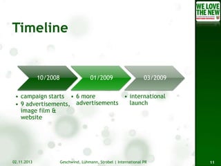 10/2008

01/2009

03/2009

• campaign starts • 6 more
• international
launch
• 9 advertisements, advertisements
image film &
website

02.11.2013

Geschwind, Lühmann, Strobel | International PR

11

 