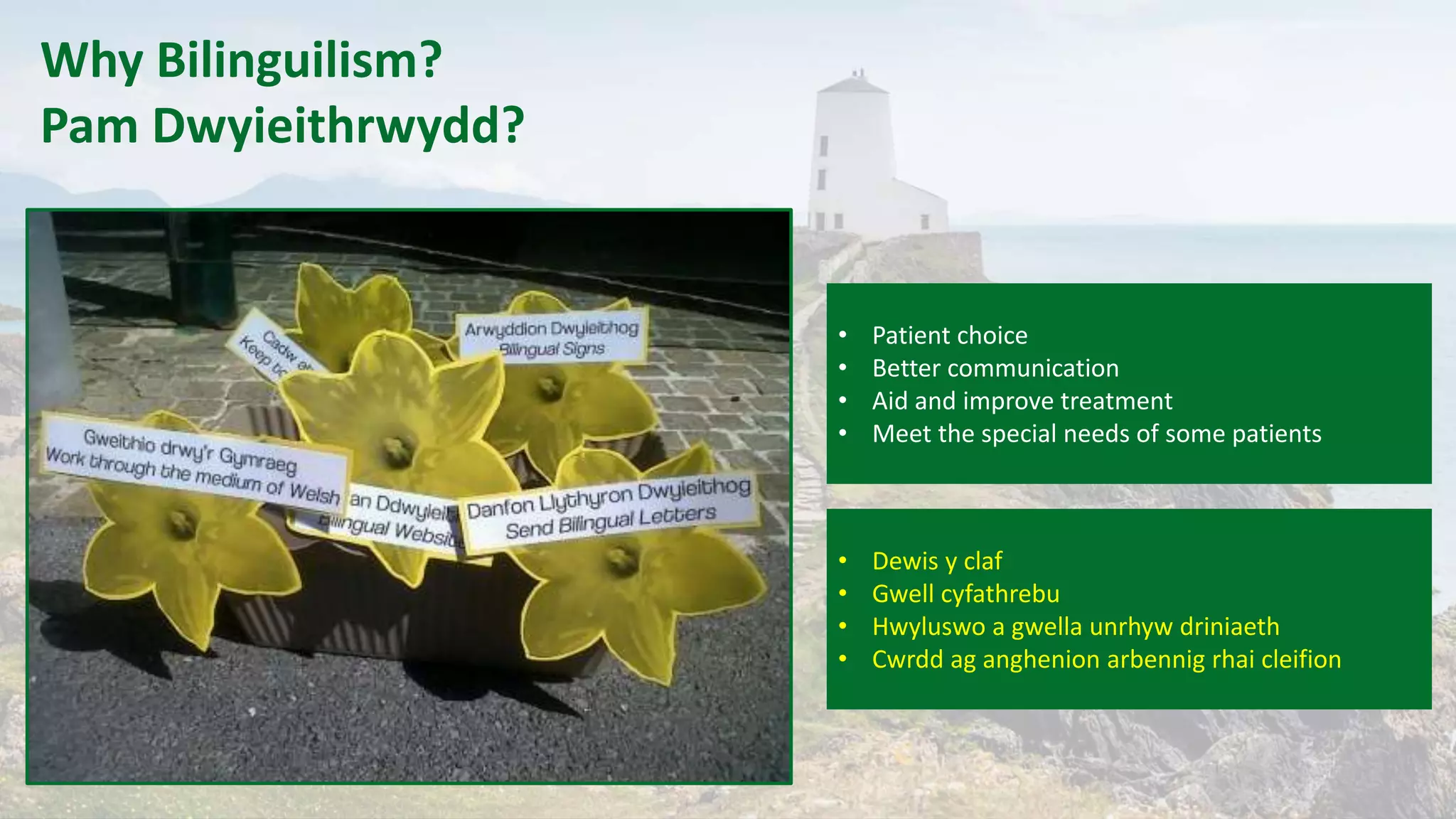Why Bilinguilism?
Pam Dwyieithrwydd?
• Patient choice
• Better communication
• Aid and improve treatment
• Meet the special needs of some patients
• Dewis y claf
• Gwell cyfathrebu
• Hwyluswo a gwella unrhyw driniaeth
• Cwrdd ag anghenion arbennig rhai cleifion
 