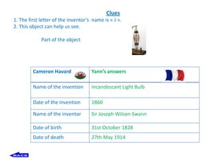Clues
1. The first letter of the inventor’s name is « J ».
2. This object can help us see.

             Part of the object




         Cameron Havard              Yann’s answers

         Name of the invention       Incandescant Light Bulb

         Date of the invention       1860

         Name of the inventor        Sir Joseph Wilson Swann

         Date of birth               31st October 1828
         Date of death               27th May 1914
 