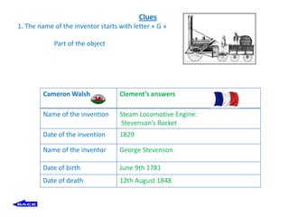 Clues
1. The name of the inventor starts with letter « G »

            Part of the object




        Cameron Walsh              Clement’s answers

        Name of the invention      Steam Locomotive Engine:
                                   Stevenson’s Rocket
        Date of the invention      1829

        Name of the inventor       George Stevenson

        Date of birth              June 9th 1781
        Date of death              12th August 1848
 