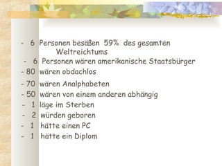 -  6  Personen besäßen  59%  des gesamten  Weltreichtums -  6  Personen wären amerikanische Staatsbürger - 80  wären obdachlos - 70  wären Analphabeten - 50  wären von einem anderen abhängig -  1  läge im Sterben -  2  würden geboren  -  1  hätte einen PC  -  1  hätte ein Diplom   