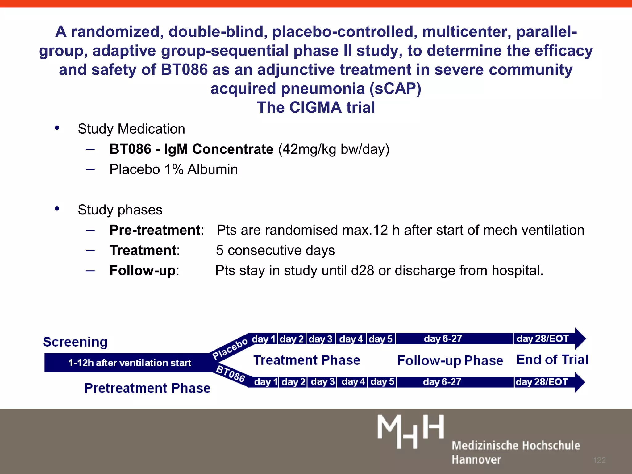 A randomized, double-blind, placebo-controlled, multicenter, parallel-group, 
adaptive group-sequential phase II study, to determine the efficacy 
and safety of BT086 as an adjunctive treatment in severe community 
acquired pneumonia (sCAP) 
The CIGMA trial 
122 
• Study Medication 
 BT086 - IgM Concentrate (42mg/kg bw/day) 
 Placebo 1% Albumin 
• Study phases 
 Pre-treatment: Pts are randomised max.12 h after start of mech ventilation 
 Treatment: 5 consecutive days 
 Follow-up: Pts stay in study until d28 or discharge from hospital. 
 