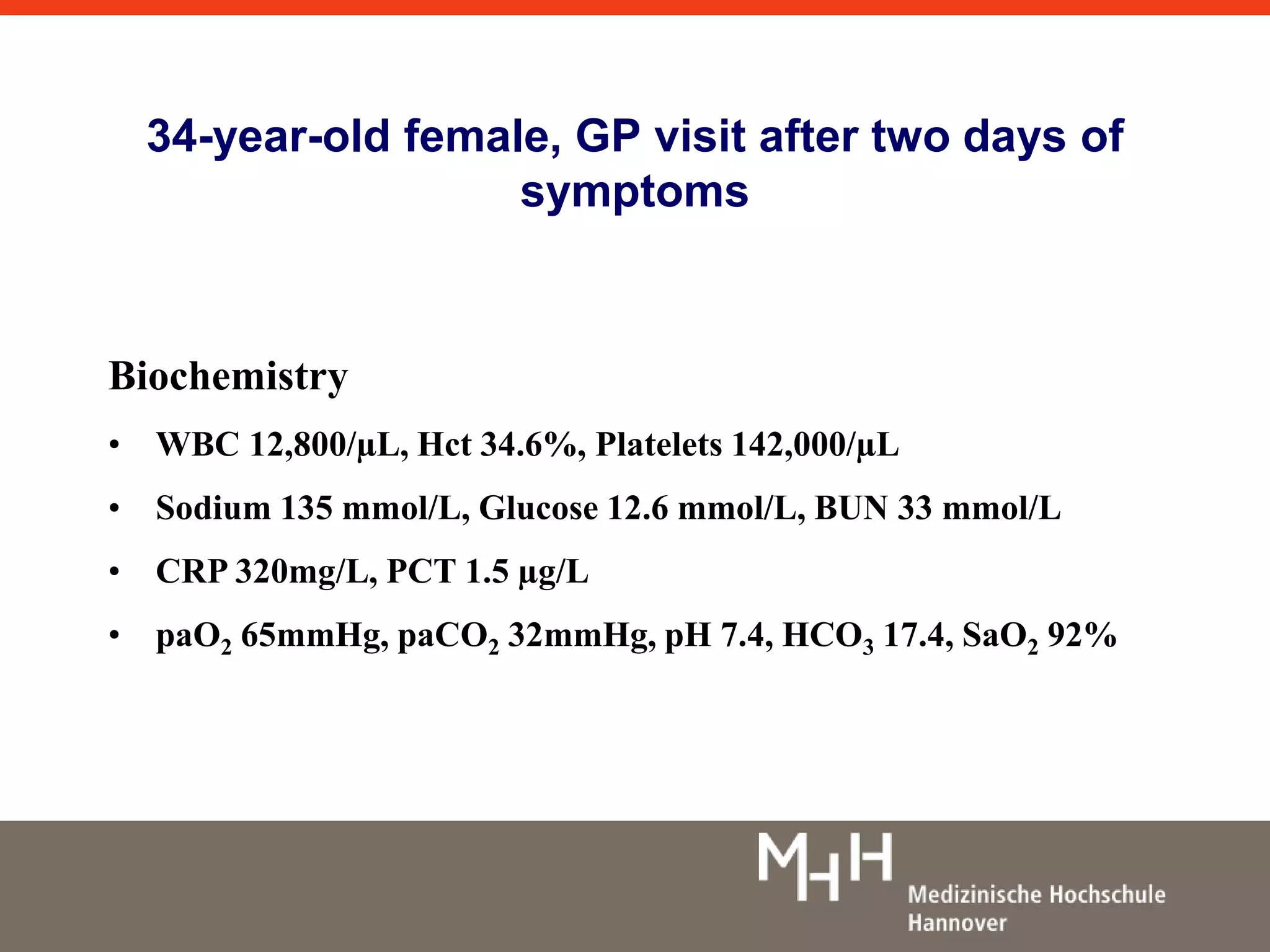 34-year-old female, GP visit after two days of 
symptoms 
Biochemistry 
• WBC 12,800/μL, Hct 34.6%, Platelets 142,000/μL 
• Sodium 135 mmol/L, Glucose 12.6 mmol/L, BUN 33 mmol/L 
• CRP 320mg/L, PCT 1.5 μg/L 
• paO2 65mmHg, paCO2 32mmHg, pH 7.4, HCO3 17.4, SaO2 92% 
 
