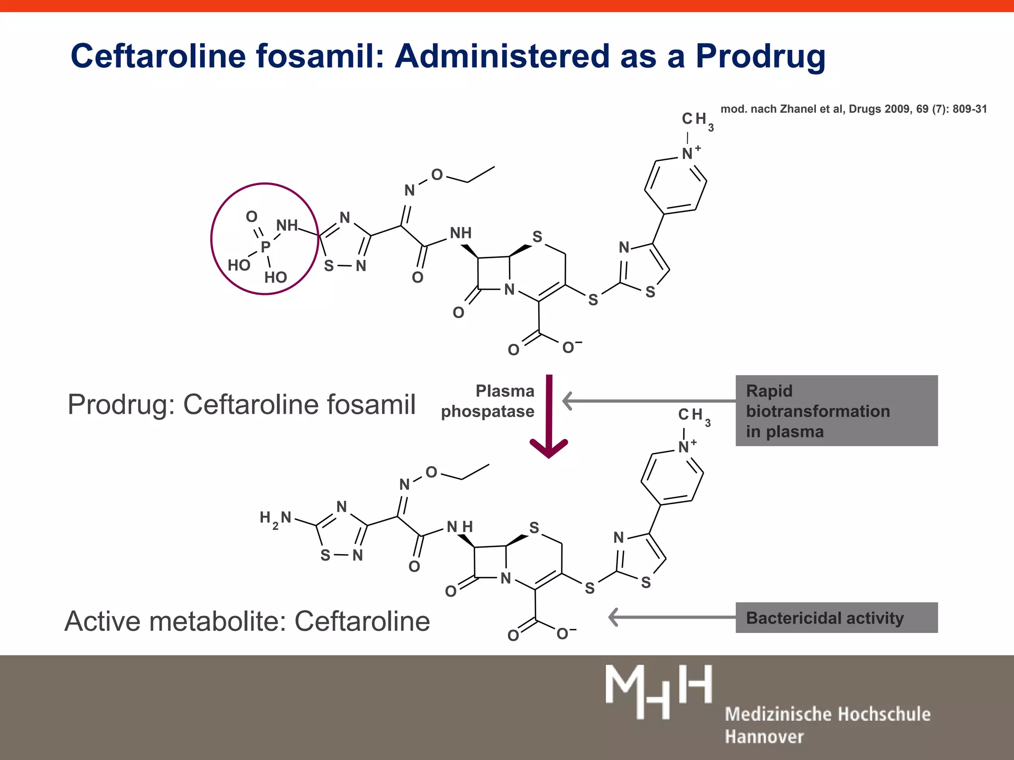 Ceftaroline fosamil: Administered as a Prodrug 
N 
S 
O 
S 
N 
N+ 
O O 
NH 
N 
S N 
NH 
N 
O 
P 
HO 
O 
HO 
S 
CH 
3 
O 
N 
N 
S S 
N+ 
O O 
N H 
N 
S N 
H N 
2 
N 
O 
S 
CH 
3 
O 
O 
Prodrug: Ceftaroline fosamil 
Active metabolite: Ceftaroline 
Plasma 
phospatase 
mod. nach Zhanel et al, Drugs 2009, 69 (7): 809-31 
Rapid 
biotransformation 
in plasma 
Bactericidal activity 
 