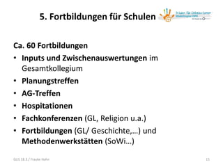 5. Fortbildungen für Schulen
Ca. 60 Fortbildungen
• Inputs und Zwischenauswertungen im
Gesamtkollegium
• Planungstreffen
• AG-Treffen
• Hospitationen
• Fachkonferenzen (GL, Religion u.a.)
• Fortbildungen (GL/ Geschichte,…) und
Methodenwerkstätten (SoWi…)
15GLiS 18.3./ Frauke Hahn
 