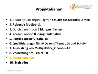 Projektebenen
• 1. Beratung und Begleitung von Schulen für Globales Lernen
• 2. Reisende Mediothek
• 3. Durchführung von Bildungseinheiten
• 4. Konzeption von Bildungsmaterialien
• 5. Fortbildungen für Schulen
• 6. Qualifizierungen für NROs zum Thema „GL und Schule“
• 7. Ausbildung von Multiplikator_innen für GL
• 8. Vernetzung Schulen-NROs
• 9. Dokumentation
• 10. Evaluation
GLiS 18.3./ Frauke Hahn 22
 