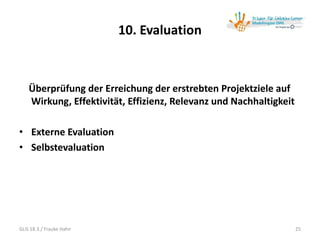 10. Evaluation
Überprüfung der Erreichung der erstrebten Projektziele auf
Wirkung, Effektivität, Effizienz, Relevanz und Nachhaltigkeit
• Externe Evaluation
• Selbstevaluation
25GLiS 18.3./ Frauke Hahn
 