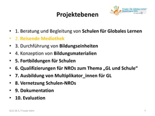 Projektebenen
• 1. Beratung und Begleitung von Schulen für Globales Lernen
• 2. Reisende Mediothek
• 3. Durchführung von Bildungseinheiten
• 4. Konzeption von Bildungsmaterialien
• 5. Fortbildungen für Schulen
• 6. Qualifizierungen für NROs zum Thema „GL und Schule“
• 7. Ausbildung von Multiplikator_innen für GL
• 8. Vernetzung Schulen-NROs
• 9. Dokumentation
• 10. Evaluation
GLiS 18.3./ Frauke Hahn 7
 
