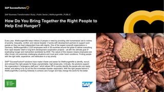 Picture Credit | Customer Name, City, State/Country. Used with permission.
©2018SAPSEoranSAPaffiliatecompany.Allrightsreserved.
How Do You Bring Together the Right People to
Help End Hunger?
SAP Business Transformation Study | Public Sector | Welthungerhilfe | PUBLIC
Picture Credit | Customer Name, City, State/Country. Used with permission.
Every year, Welthungerhilfe helps millions of people in need by providing vital humanitarian aid to victims
of poverty, inequality, conflict, and natural disaster. It works with development partners to support such
people so they can lead independent lives with dignity. One of the largest nonprofit organizations in
Germany, Welthungerhilfe’s 2,523 employees work in 39 countries around the globe to deliver everything
from rapid disaster relief to long-term development cooperation projects – all with the ultimate goal of
eradicating hunger and malnutrition worldwide by 2030. The nature of this mission means employees are
often thrown into extremely challenging situations and must work under harsh conditions. Finding people
with the right skills, experience, and dedication is a top priority.
SAP® SuccessFactors® solutions have made it faster and easier for Welthungerhilfe to identify, recruit,
and onboard the right people for these unpredictable, high-stress jobs. Critically, the solutions support
the organization’s “emergency staff pool,” which allows HR to quickly identify the people who are ready,
skilled, and willing to fly out as the first immediate disaster responders. With the right people behind it,
Welthungerhilfe is working tirelessly to achieve zero hunger and help change the world for the better.
 