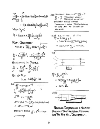 h fim"~ ~ (h-~+~)sm~
Z7reSd C(
= - (~-~t~ t 2(+aJDC)
'2 ~
'rJH~ Fa=0
~~ e~0(+2Q Q-fQJz1)
'3 SWI,"l.()(
~~~
'5(t" D( '" 'PIcL Q:)~"/'- rJfct
2
n-: 11-rJid" /-+ (1- V%t.)3~- + ----=--:.~
d 2 3DYct ~
E.>c.?At-JDHS<i IN S'tslZrfS5
1_ 2. (/[)
.Ii ~ S£ -+ fc ItI;.)rL
J 3 D~ L~ (t llf-nZI
~ d:34~
h ~ 0.28/0 rn.
2.22 .J"D 6%
~ =L)9 =tfge Tde. r 0
(A'P_d(A~) =(!,.q~cI~ z:
)0 e~'w,e l,:9-,8
-A~
e ~ ::: /-,49 n
~~
tj~ = -,13 in (1- ~ if"): 300}oook{i-.O'fq
:. J'P = ILl190 P$;
DENSITY RATIO ..e= e.~ff= UW11/
~
fJ=l.tJ~7~
9
2.23 "BouVANC V FORCE = I'v=;~ =- 'F
dF =:E. "PRoVID(:::.D VOLUME'
dT T 'REMAINS C.ONSTANT
BoUYANT FORCE VARIES
INVERS£L-V WITH TEMP£RATVR£
OF THE /t1R. AT CONSTA-NT
VOLUME.
2.2.4 5.~. =I. 0:25 @ If£" rn.
~= I.O:25"!2,gh..
= (I. 02~Y /000'3.. V9. 101m V /8£nf)
>>is'' sa.J.... '/
::: t. ~to X/O /, ~ = /760 kPa...
'" ~ a.
2.25
"'- ' Fan
~ -,.----------..-----
0.30 m
/J.P"J"20 6l1.k
= 999 k19.B Wl (?2')""-.m~ $~ 10'1
::. 2.4G Pa..
~ 'D'J::~ Is~
~TfUSRA;~~
AN)DlUe.t1R; VA~ tbwN~.
 