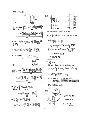 B-2 PLAN~
V"-8 -PLAN~
r
" .61:
=~~O rVrlGt6B -Vr Ie
Ar~O t )"'11$
+ r(~1,,+6,. - ~J,.)l
~r J
=..!.. C?Vr -r r l..(~)
r;Ie dr-~r
• -,.J rr IT d~ f- r d (Ve)l.. 're = 1/9,. =ptr ;;e ar r IJ
?J5 H~1T 1 ~
1 t
i •'j/t ~h
f
LL1
--1 E l--
E=.oIGMt -1 0 t-
RESISTINCi FORCE' =f:z
F2 =STdA = fcr1l'Ddh=rJrDh
'I=,P dv- = ::y:
elY ~
.. F = n v-7tDh =.aV'.jl'ltDh.•• Z --E ,-- E.
F;i' = 1000 C.osX3:t ./O-3)/olS-J7f
l"lo""
·.S~2 (3./t)
= {C07a, fJ
"lib Fr. = W
FROM PREVIOUS PROBLEM
Fz ::;; v"'}:: 7TDh .I ALSo" Lv' =;79
E
:. jJ ,/:u7rD h = I')'t~i
e
1.T:: m9 £ =b8tJ·9.1/-;o-r
pif7rDh a5"OU1XIO~~.~
".. = o. 7f:>6 nils
dA: ....d¢'dL
dL =~
sin 01..
 