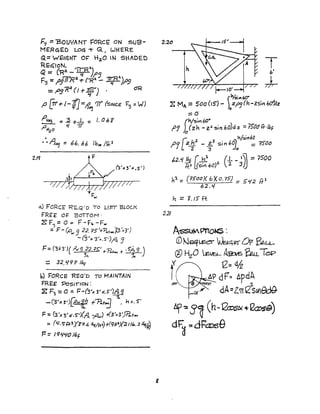 2.1'1
F':J = BOUYANT FORcE ON suB-
MERGED LO<:i + Q, WHERE
Q= 'w'l:lqHT O~ 420 N SHADED
'REGioN. '1IR~)
Q = C"R:1. - T IfJ5
F~ = fJJ7r1?~ of" ('R2. - ~)1'9
=,.og~ (J +-4FJ . ~
,0 [7!'+ I-if] =,f~ 7r (SI/'JCE F~ ='vJ)
p~ =~ +J- = J. 06'1
~ JI 17'1/:2,0
a.) FORCE 'R£'Q'D TO l/F=T BLOC.K
FREE O~ BoTTOM;
Z F~ = 0 = F -Flo -F....
= F - (ow 3 22. ?S'+-Pa..+...'P'~s'J
- (3',. 3'x.S)A: J
F= (31c 3')( 1'",,9 22.;s:.' +R+.o. + .5";.g)gc, 10
= 32/1971bf
b) FORcE 'REQ'D TO MAINTAIN
FREE Pes/noN:
2 F~ = 0 = ~ -(3'x 3' )(,S'),4 9
-r
-(3Ix~')[o4 +'Po.nj , h::.S'
F:: (3'x3'X-,S"')(A ~••,,) K3'1C 3'JR.+....
:: (ll.';)(-Pyy:;. 6 I~/R:S) +f9R"){2.J'&:.. 2 /~
F =J9'{LfO 16;
2.21
Tb'
J-
h == <i./5ft.
AS'SllMmows :
CD~~~ ~rtr"~ &u.-
®HzO Us&!- A~ ~LLT(!)p
y 12:= #
j liP dF". llpdA
e 1-
01. ~ dA:%z:~ eSWledf}
llf-.:5'1(h-kbso<+~~)
dFlf ~dFa:>5e
 