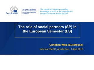 The role of social partners (SP) in
the European Semester (ES)
Christian Welz (Eurofound)
Informal EMCO_Amsterdam, 1 April 2016
 