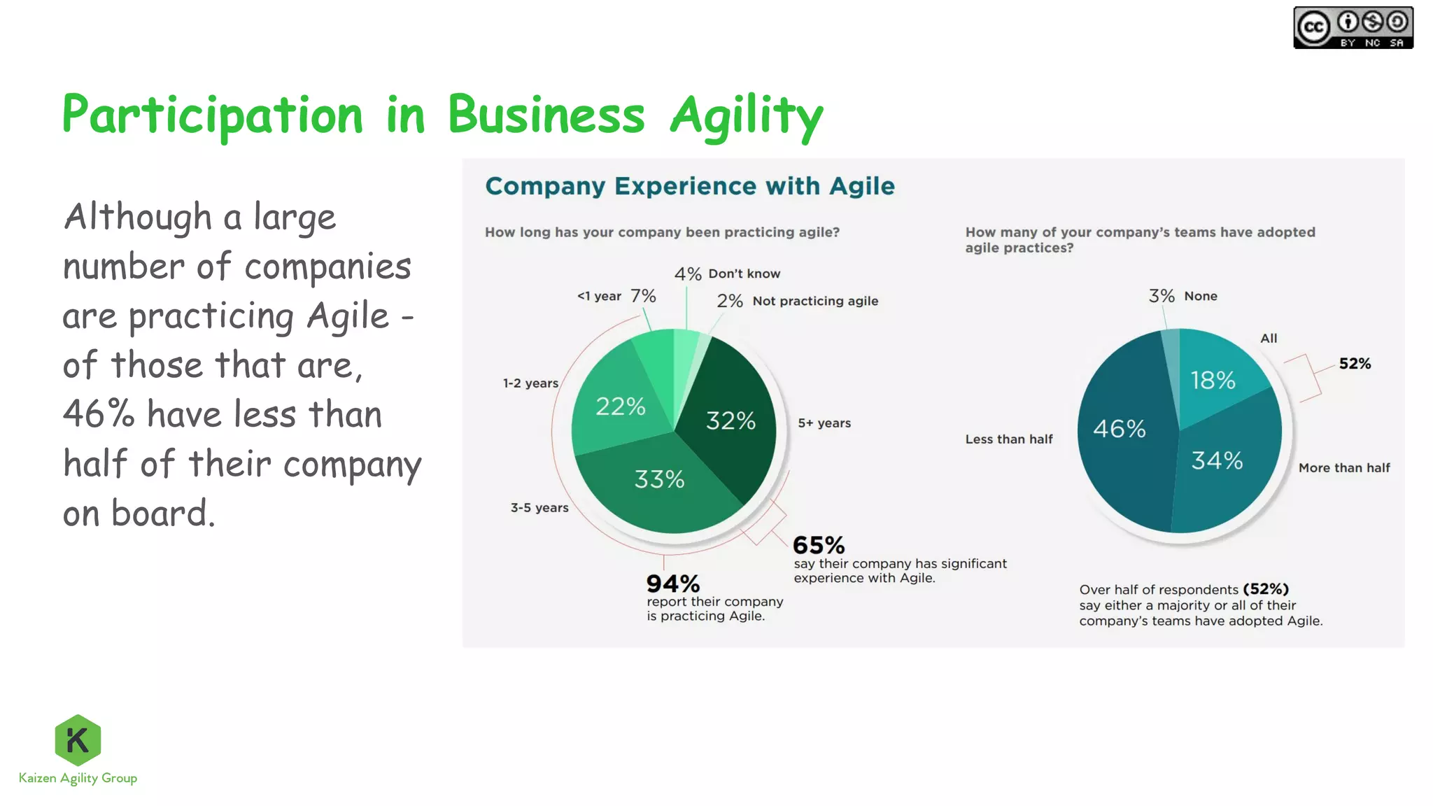 Although a large
number of companies
are practicing Agile -
of those that are,
46% have less than
half of their company
on board.
Participation in Business Agility
 