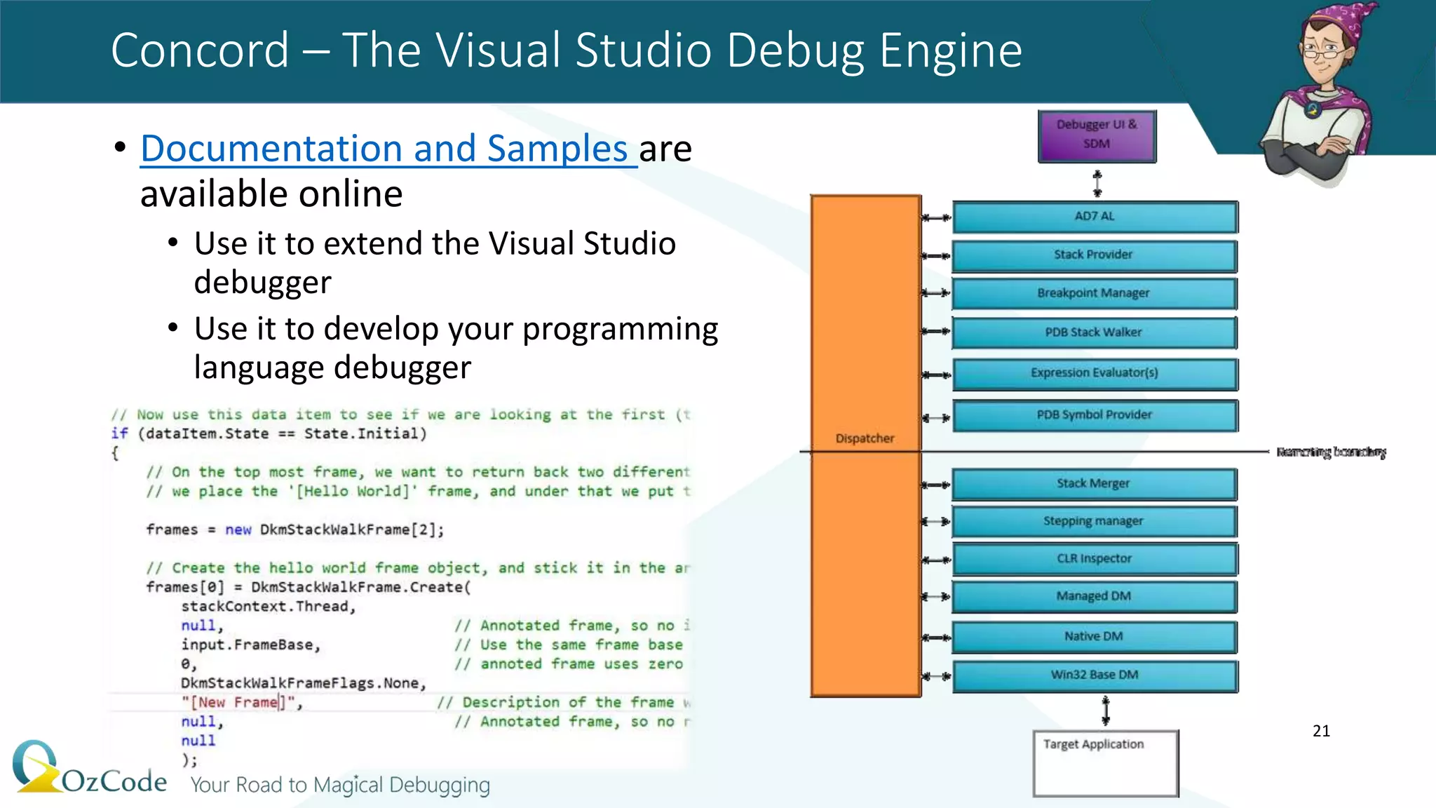 Concord – The Visual Studio Debug Engine
• Documentation and Samples are
available online
• Use it to extend the Visual Studio
debugger
• Use it to develop your programming
language debugger
21
 