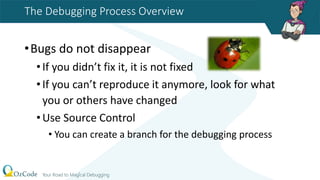 The Debugging Process Overview
•Bugs do not disappear
•If you didn’t fix it, it is not fixed
•If you can’t reproduce it anymore, look for what
you or others have changed
•Use Source Control
• You can create a branch for the debugging process
 