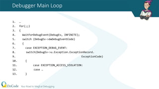 Debugger Main Loop
1. …
2. for(;;)
3. {
4. WaitForDebugEvent(DebugEv, INFINITE);
5. switch (DebugEv->dwDebugEventCode)
6. {
7. case EXCEPTION_DEBUG_EVENT:
8. switch(DebugEv->u.Exception.ExceptionRecord.
9. ExceptionCode)
10. {
11. case EXCEPTION_ACCESS_VIOLATION:
12. case …
13. }
 