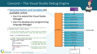 Concord – The Visual Studio Debug Engine
• Documentation and Samples are
available online
• Use it to extend the Visual Studio
debugger
• Use it to develop your programming
language debugger
21
 