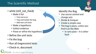 The Scientific Method
• while (still_not_fixed)
• Make it fail
• Trial and error
• Trap and isolate the bug
• Add new unit tests
• Make a hypothesis
• Collect evidence
• Prove or refine the hypothesis
• Refine the unit tests
• Fix the bug
• Run all (regression) tests
• Check-in, document 27
Identify the Bug
• Use source control and
change sets
• Divide & Conquer
• Create a simple case
• The bug is yours, unless you
find it on the Web
• In rare cases – It is other
fault
 