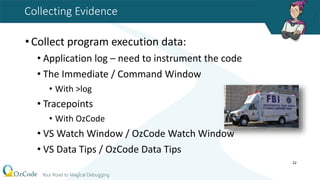 Collecting Evidence
•Collect program execution data:
• Application log – need to instrument the code
• The Immediate / Command Window
• With >log
• Tracepoints
• With OzCode
• VS Watch Window / OzCode Watch Window
• VS Data Tips / OzCode Data Tips
32
 