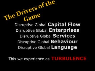 Disruptive Global Capital Flow
Disruptive Global Enterprises
Disruptive Global Services
Disruptive Global Behaviour
Disruptive Global Language
This we experience as TURBULENCE
 