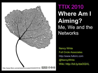 TTIX 2010 Where Am I Aiming? Me, We and the Networks Nancy White Full Circle Associates http://www.fullcirc.com @NancyWhite Wiki: http://bit.ly/daOQVL http://www.flickr.com/photos/ironrodart/4344037016/ 