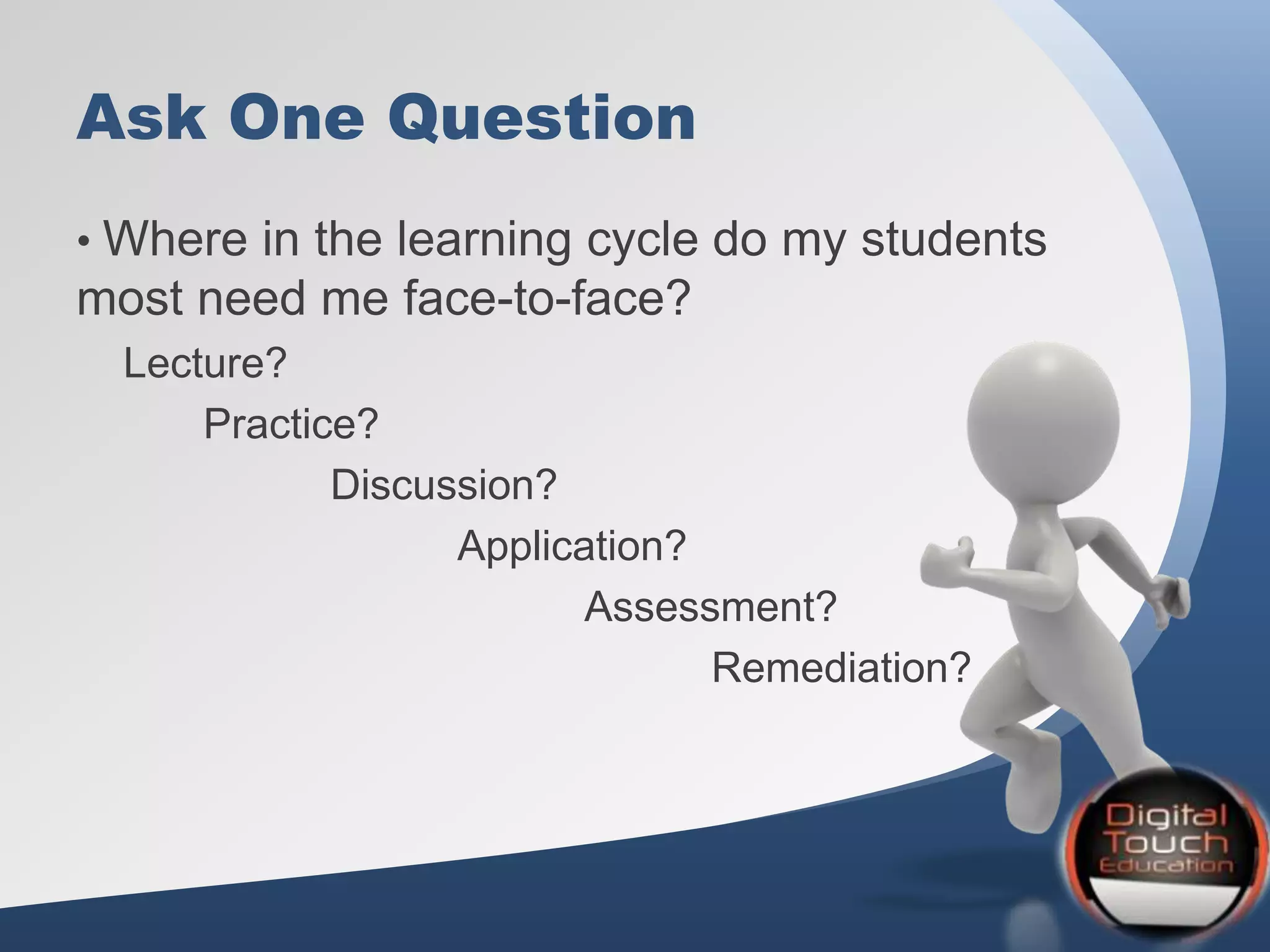 Ask One Question
• Where in the learning cycle do my students
most need me face-to-face?
Lecture?
Practice?
Discussion?
Application?
Assessment?
Remediation?
 