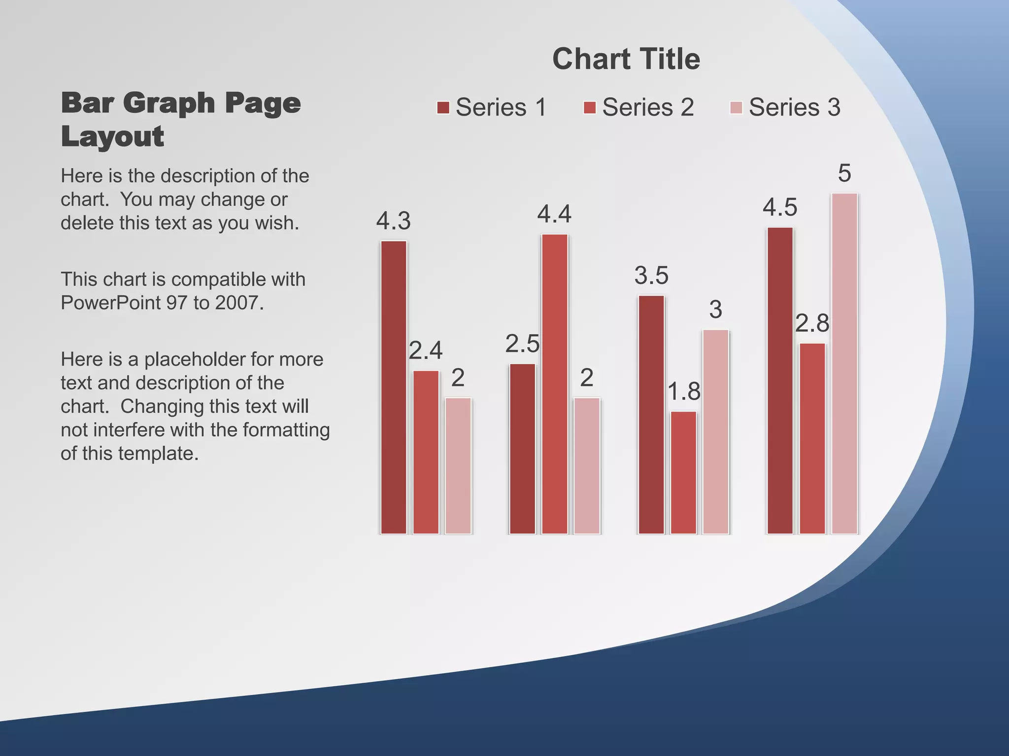Bar Graph Page
Layout
4.3
2.5
3.5
4.5
2.4
4.4
1.8
2.8
2 2
3
5
Chart Title
Series 1 Series 2 Series 3
Here is the description of the
chart. You may change or
delete this text as you wish.
This chart is compatible with
PowerPoint 97 to 2007.
Here is a placeholder for more
text and description of the
chart. Changing this text will
not interfere with the formatting
of this template.
 