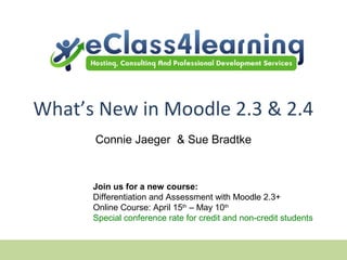 What’s New in Moodle 2.3 & 2.4
      Connie Jaeger & Sue Bradtke


      Join us for a new course:
      Differentiation and Assessment with Moodle 2.3+
      Online Course: April 15th – May 10th
      Special conference rate for credit and non-credit students
 