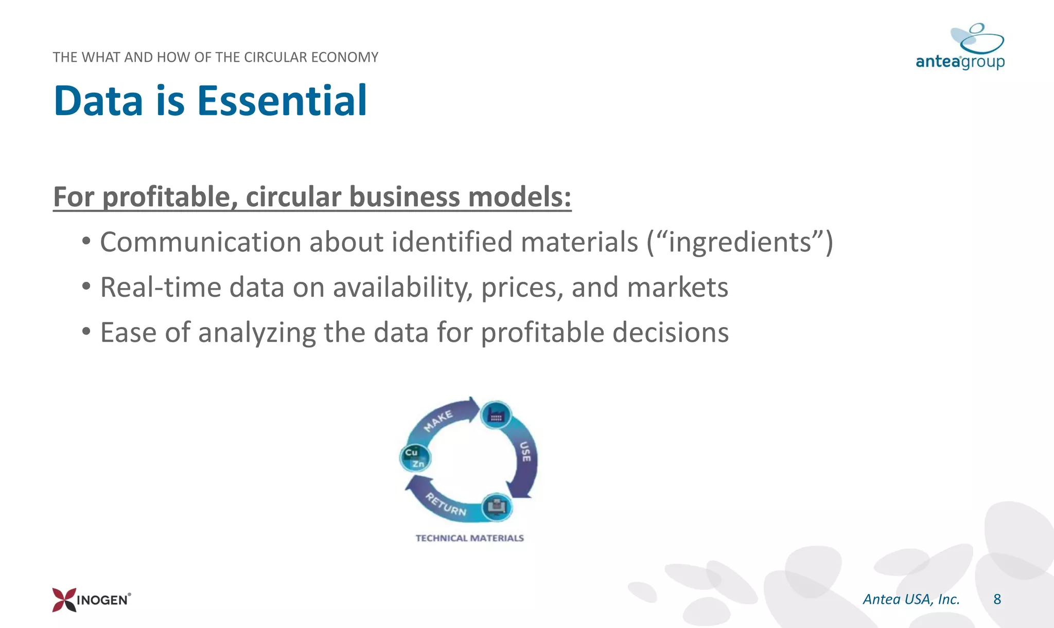 Data is Essential
8Antea USA, Inc.
THE WHAT AND HOW OF THE CIRCULAR ECONOMY
For profitable, circular business models:
• Communication about identified materials (“ingredients”)
• Real-time data on availability, prices, and markets
• Ease of analyzing the data for profitable decisions
 
