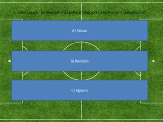 8. ¿Qué jugador ha marcado más goles en una sola campaña de la competición?
A) Falcao
B) Ronaldo
C) Agüero
 