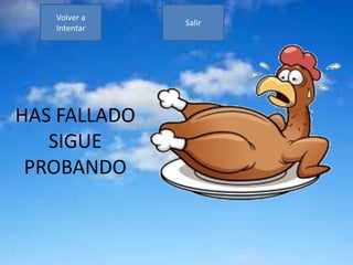 HAS FALLADO
SIGUE
PROBANDO
Volver a
Intentar
Salir
 