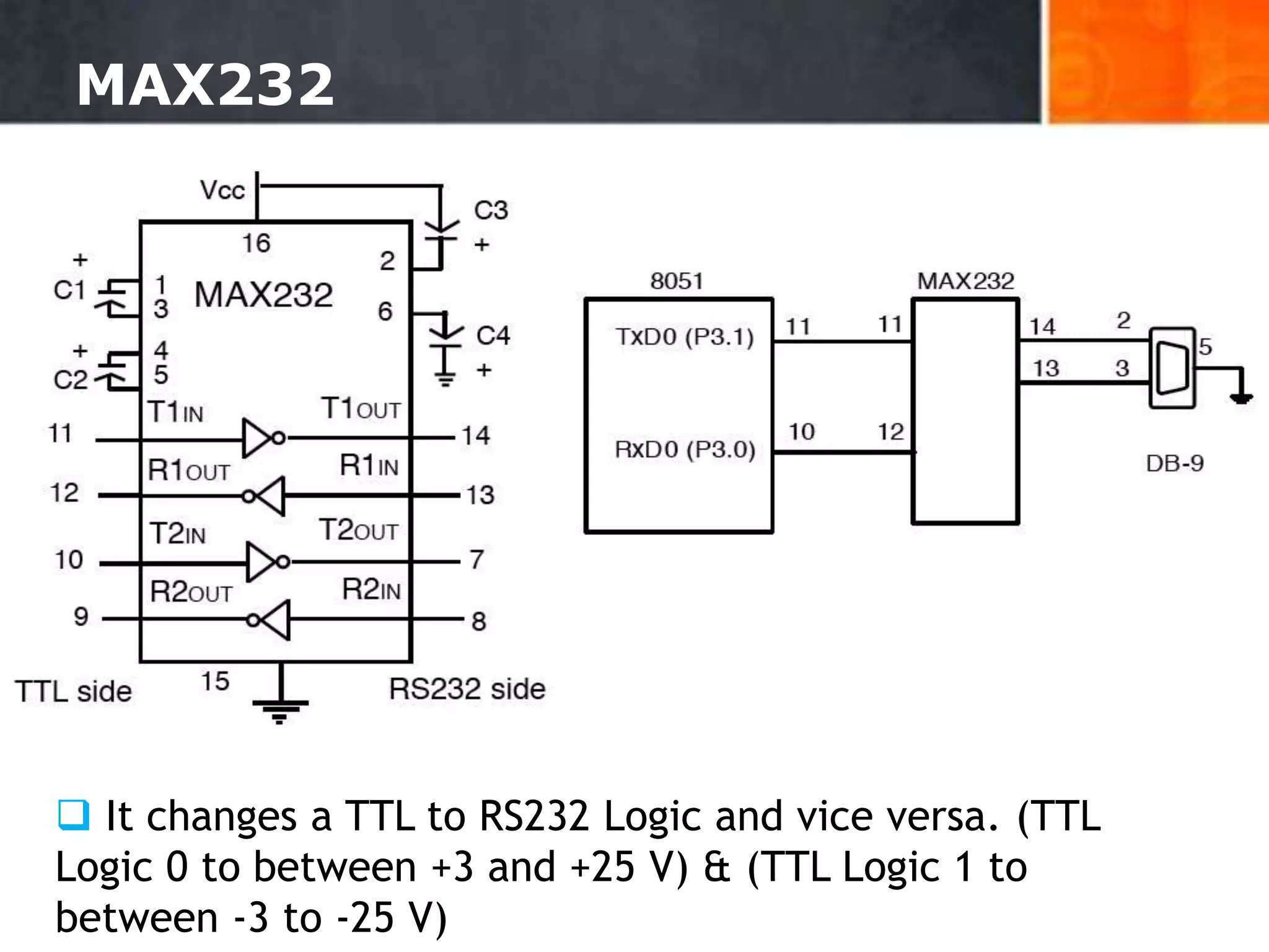 MAX232
 It changes a TTL to RS232 Logic and vice versa. (TTL
Logic 0 to between +3 and +25 V) & (TTL Logic 1 to
between -3 to -25 V) 13
 