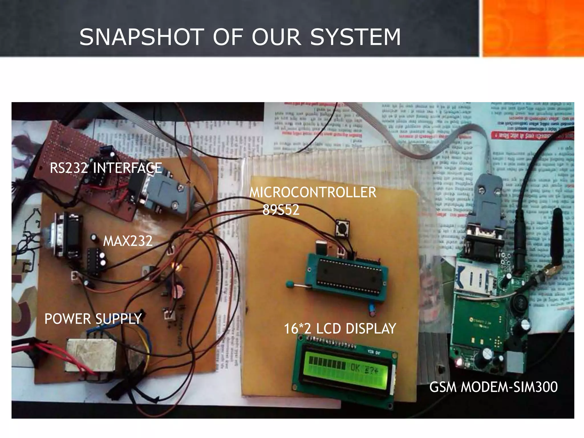 SNAPSHOT OF OUR SYSTEM
MICROCONTROLLER
89S52
RS232 INTERFACE
POWER SUPPLY
MAX232
GSM MODEM-SIM300
16*2 LCD DISPLAY
33
 