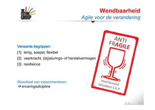 :
[1] lenig, soepel, flexibel
[2] veerkracht, (bij)sturings- of herstelvermogen
[3] resillience
Resultaat van experimenteren
 ervaringsdicipline
Wendbaarheid
Agile voor de verandering
 
