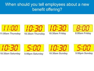 When should you tell employees about a new
benefit offering?
10:30am Saturday 5:00pm Saturday 10:30am Sunday 5:00pm Sunday
11:00am Thursday 10:30am Thursday 10:30am Friday 8:00am Friday
 
