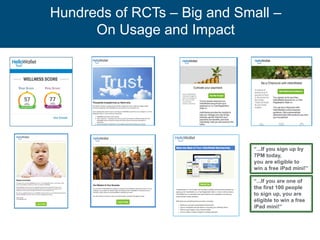Hundreds of RCTs – Big and Small –
On Usage and Impact
“...If you sign up by
7PM today,
you are eligible to
win a free iPad mini!”
“...If you are one of
the first 100 people
to sign up, you are
eligible to win a free
iPad mini!”
 